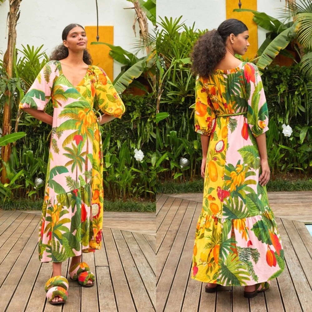 Farm Rio Mixed Print MIDI Wrap Dress